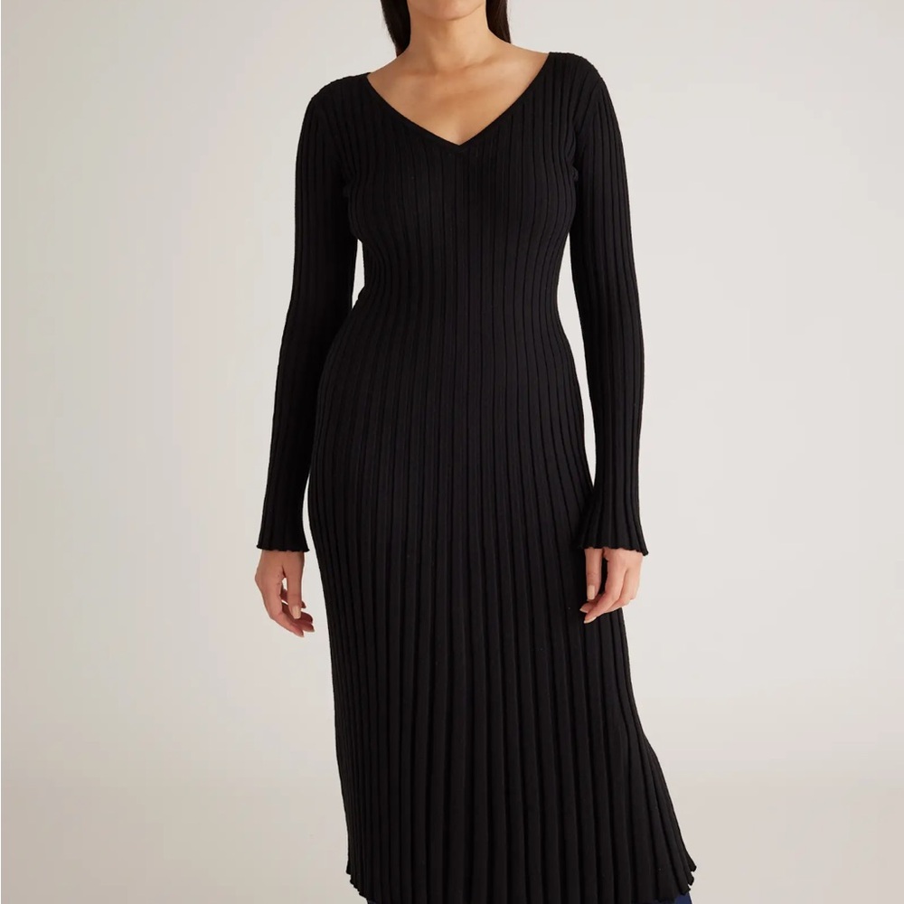 Quince Cotton Cashmere Ribbed Long Sleeve V-Neck Midi Dress  - Medium Black